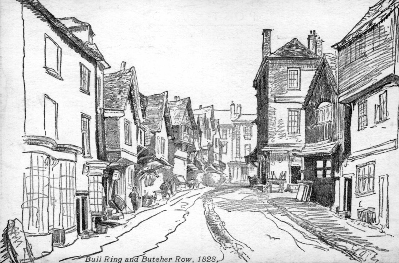 Photograph of original pencil drawing of Bull Ring and Butcher Row