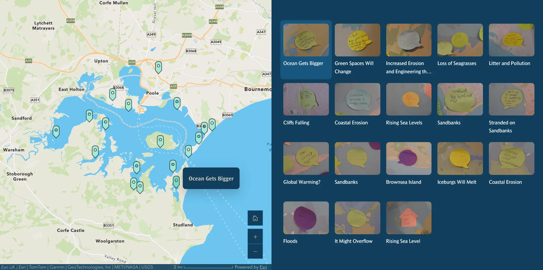 A screenshot of a blog, showing an interactive map of Poole Harbour. Next to the map is a gallery view of thumbnail images, each one showing a post it note with a handwritten message. On the map, each post it note is geo-located. They are spread around the harbour, with a main cluster around Sandbanks.